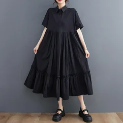 # 6594 Summer Black Long Shirt Dress Women Polo Neck Buttons Office A-line Dress Short Sleeve Loose Split Joint Midi Dress Femme