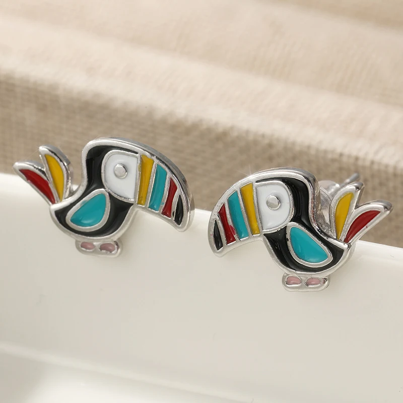 Vintage Silver Color Enamel Parrot Stud Earrings Woman Geometry Party Daily Wear