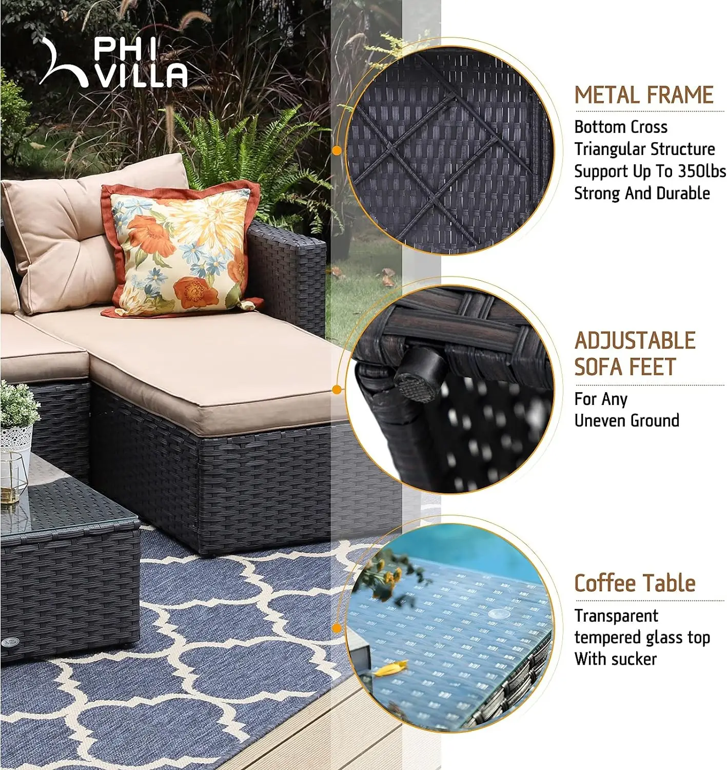 Patio Sectional Clearance Manual Weaving Wicker Rattan Small L-Shaped Outdoor Furniture Sofa Set with Upgrade Rattan (3 Piece）
