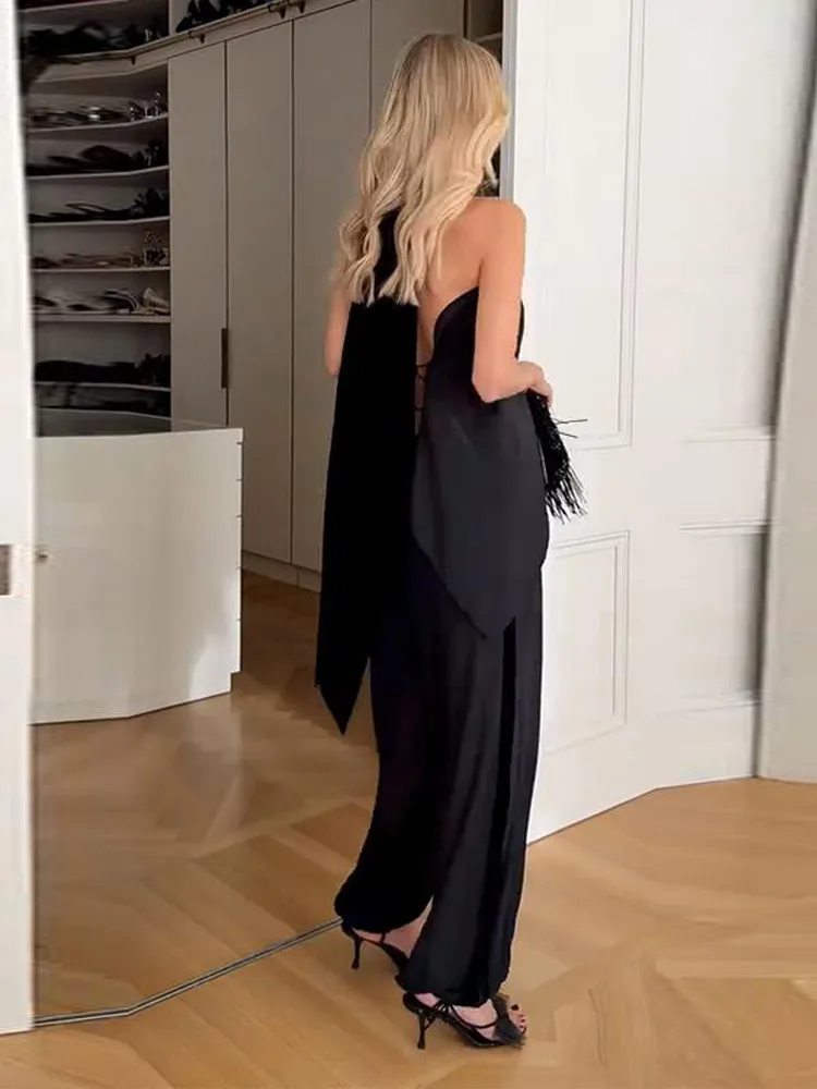 سترات رسن نسائية أنيقة باللون الأسود من الساتان 2026 وشاح جديد برقبة بدون أكمام بدون أكمام للسيدات ملابس حفلات أنيقة للسيدات شارع العليا