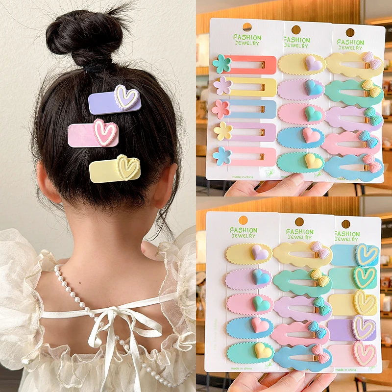 5 Pcs/Set Baby Girls Candy Color Heart Flower Ornament Hair Clips Children Cute Bowknot Barrettes Hairpins Kids Hair Accessories