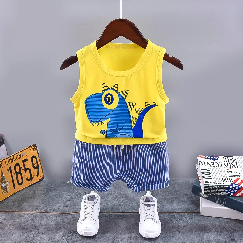 Toddler Summer Clothes for Kids 2024 Fashion Cartoon Dinosaur Print O-neck Sleeveless Vest and Shorts Boys Boutique Clothing Set