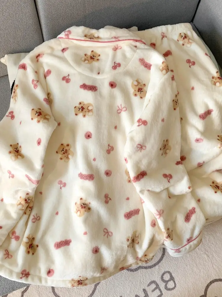 

Thiened Fce Pink Cartoon Bear Flannel Pajamas Women's Home Clothes Set Long Sve Long Pants Home Leisure plus Size