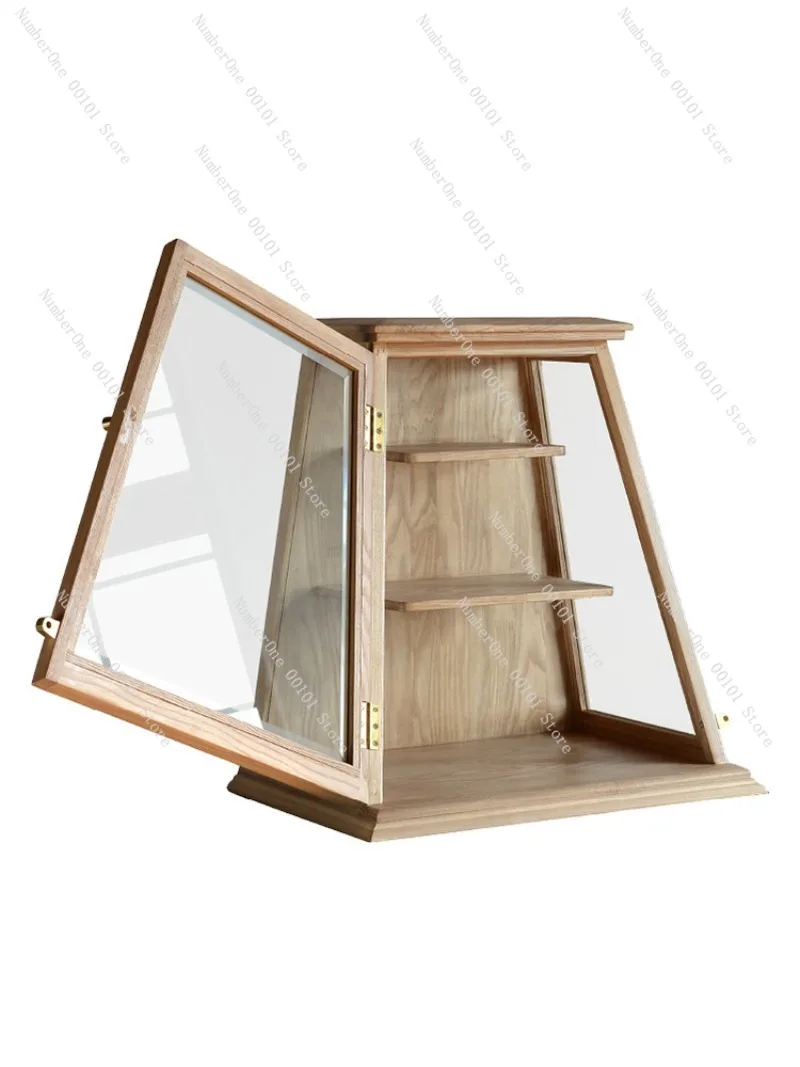 Vintage Ash Wood Mortise Tenon Trapezoid Display Cabinet Retro Glass Curio Showcase Solid Wood Storage Cupboard Museum