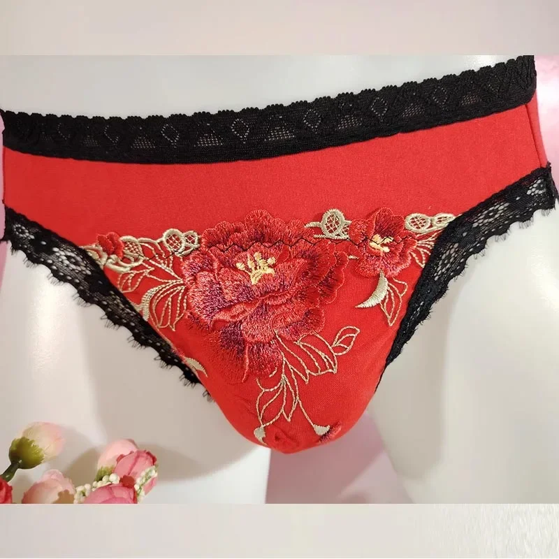 

Мужские сексуальные красные мягкие модальные кружевные трусы Sissy Crossdressing с цветочной вышивкой, сетчатые прозрачные трусики Live Show Club BF Party