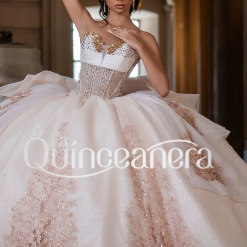 

Ivory Shiny Quinceanera Dresses Off The Shoulder Sequin Applique Lace Beads Corset Tull Party Birthday Sweet 16 Dress Vestidos