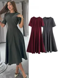 HH Women Fashion Midi Dress O-Neck Short Sleeves Zipper Slim Commuting Dress Female Vintage Versatile Casual Pleated Dress