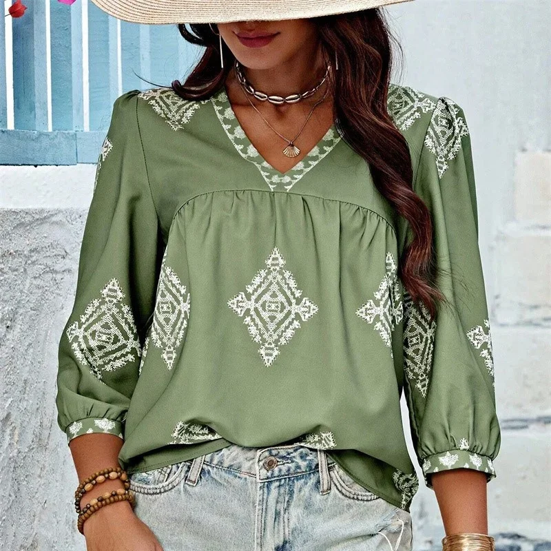 Elegant Geometry Print V Neck Pullover Shirt Women 2024 Summer Seven-quarter Sleeves Blouse Daily Comfortable Casual Female Tops