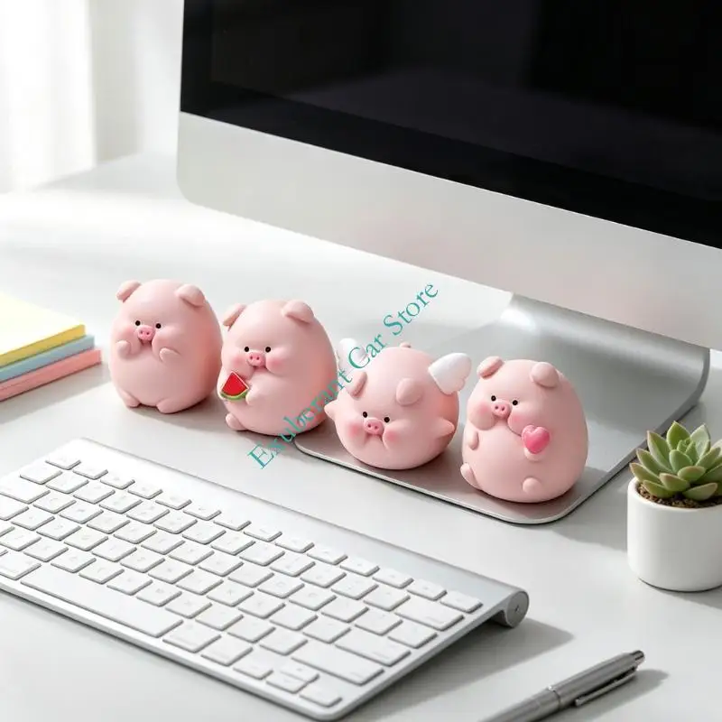 Car Dashboard Pig Figurine Ornament Set 4Pcs Small Resin Pig Figures for Office Desk Shelf Styling Animal Display Accent