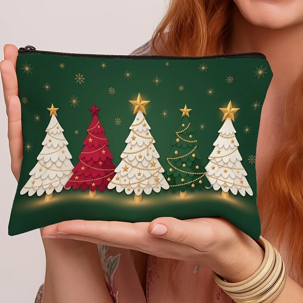 Elegant Christmas Tree Makeup Bag Green Base Gold Star Xmas Print Cosmetic Pouch Travel Storage Holiday Gift Toiletry Bags