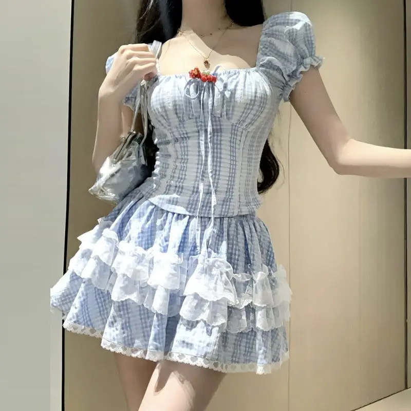 NONSAR Sweet Cute Bubble Sleeve Slim Short Plaid Top Female Summer Lace Ruffles Plaid Cake Skirts Y2k Girls Two-piece Skirt Sets