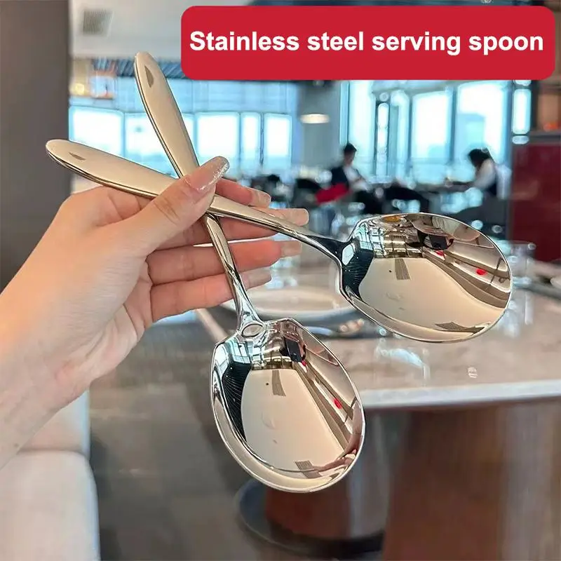 Large Stainless Steel Rice Spoon Ergonomic Metal Serving Spoon Kitchen Flatware Spoon Durable Thickening Long Handle Spoon