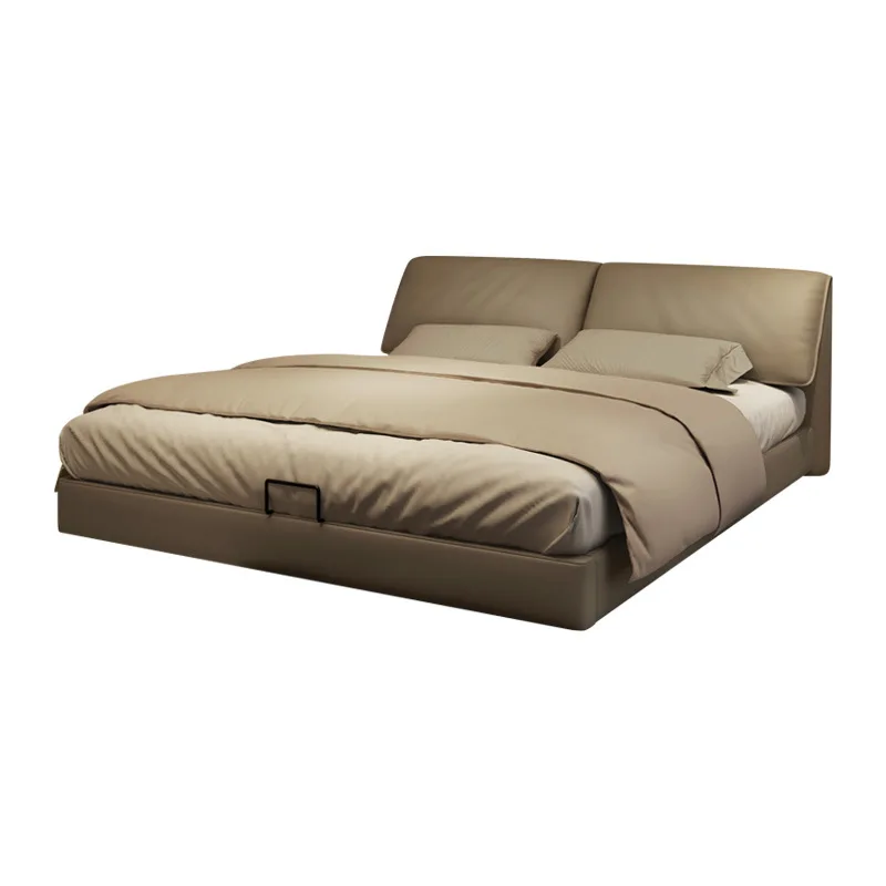 

Italian minimalist master bedroom leather bed first layer cowhide storage high box bed