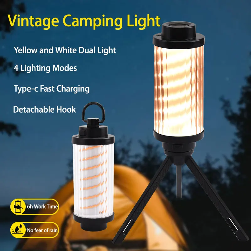 Outdoor Retro LED Camping Lamp 2600mAh Rechargeable Flashlight 4 Lighting Portable Home Adventure Tent Emergency Light With Hook