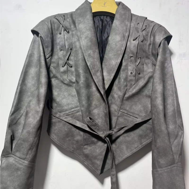 

2025 New Vintage Brown pu Leather V-Neck Tie Detail Jacket Womens Autumn/Winter Chic & Versatile Streetwear Outfit