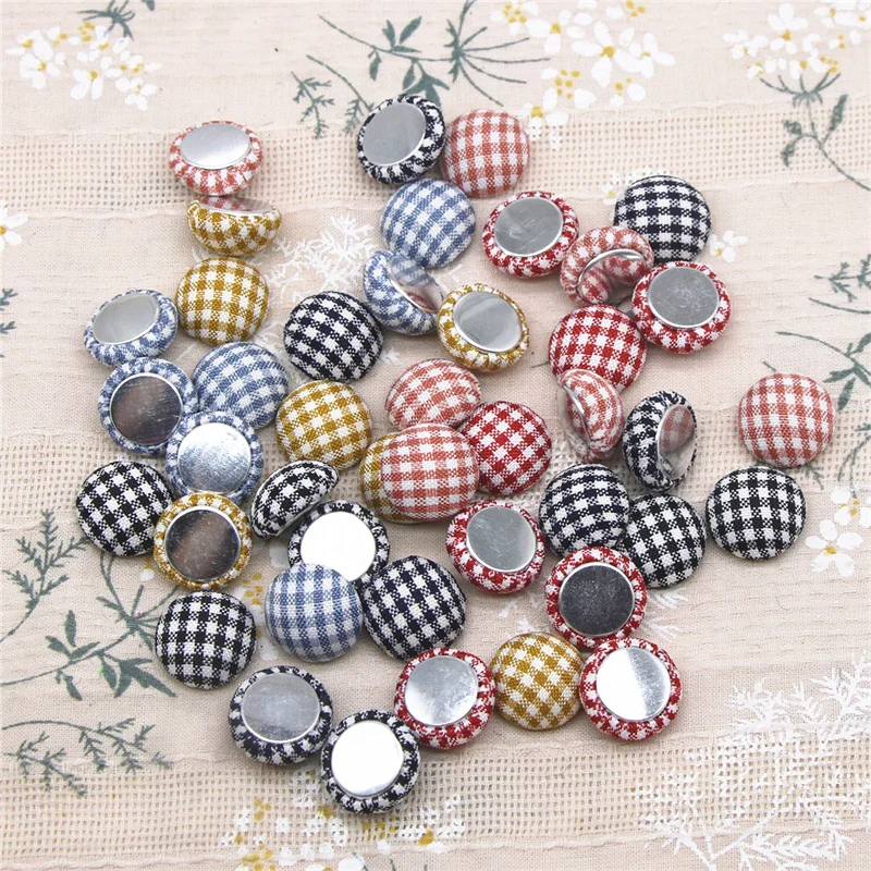 50pcs  Multicolor Flatback Grid Fabric Covered Round Buttons Home Garden Crafts Cabochon Scrapbooking DIY 15mm