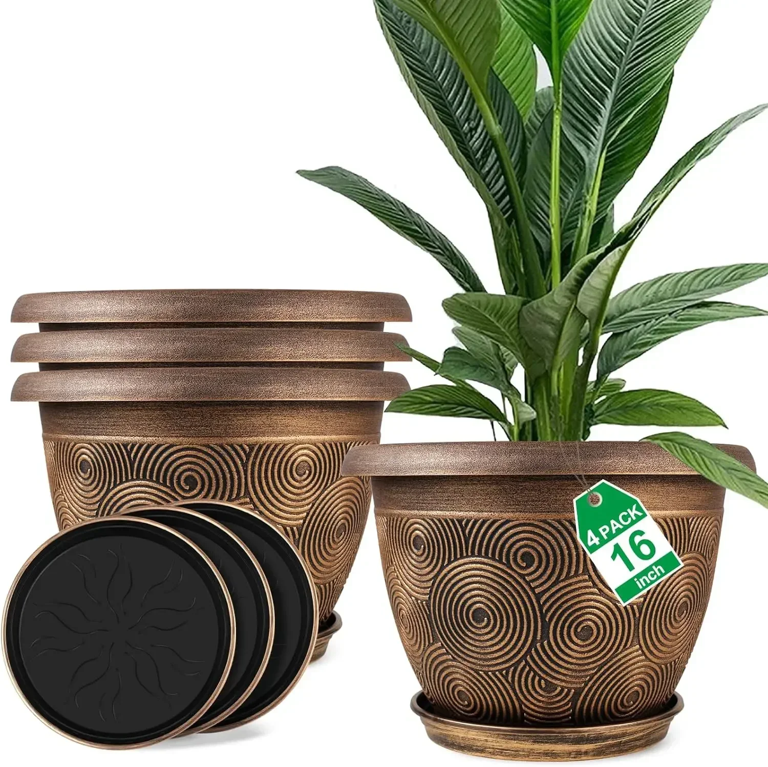 16 Inch Large Planter Pot for Plants Indoor Outdoor, 4 Pack Plastic Flower Pots w/ Drainage Hole & Tray,Modern Decorative Garden