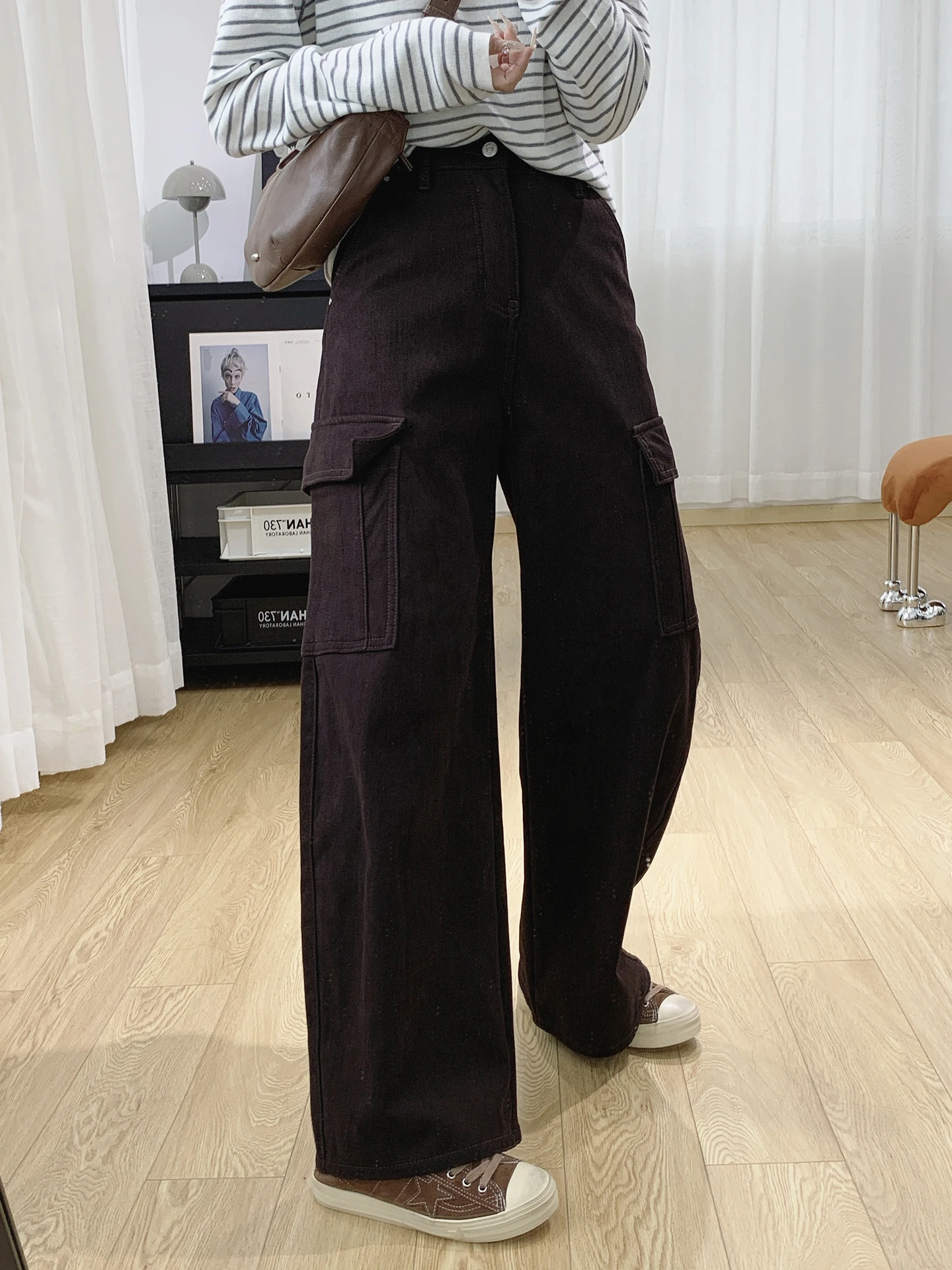 

Широкие брюки для спецодежды с высокой талией на подкладке, свободные женские джинсы в американском стиле ретро, удобные осенне-зимние брюки