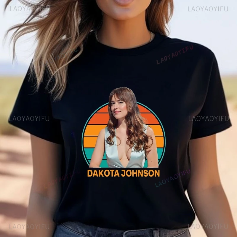 Famous Movie Star DAKOTA JOHNSON Classic Poster Print Women's Fashion T-shirt, Everyday Casual Women's Cotton T-shirt