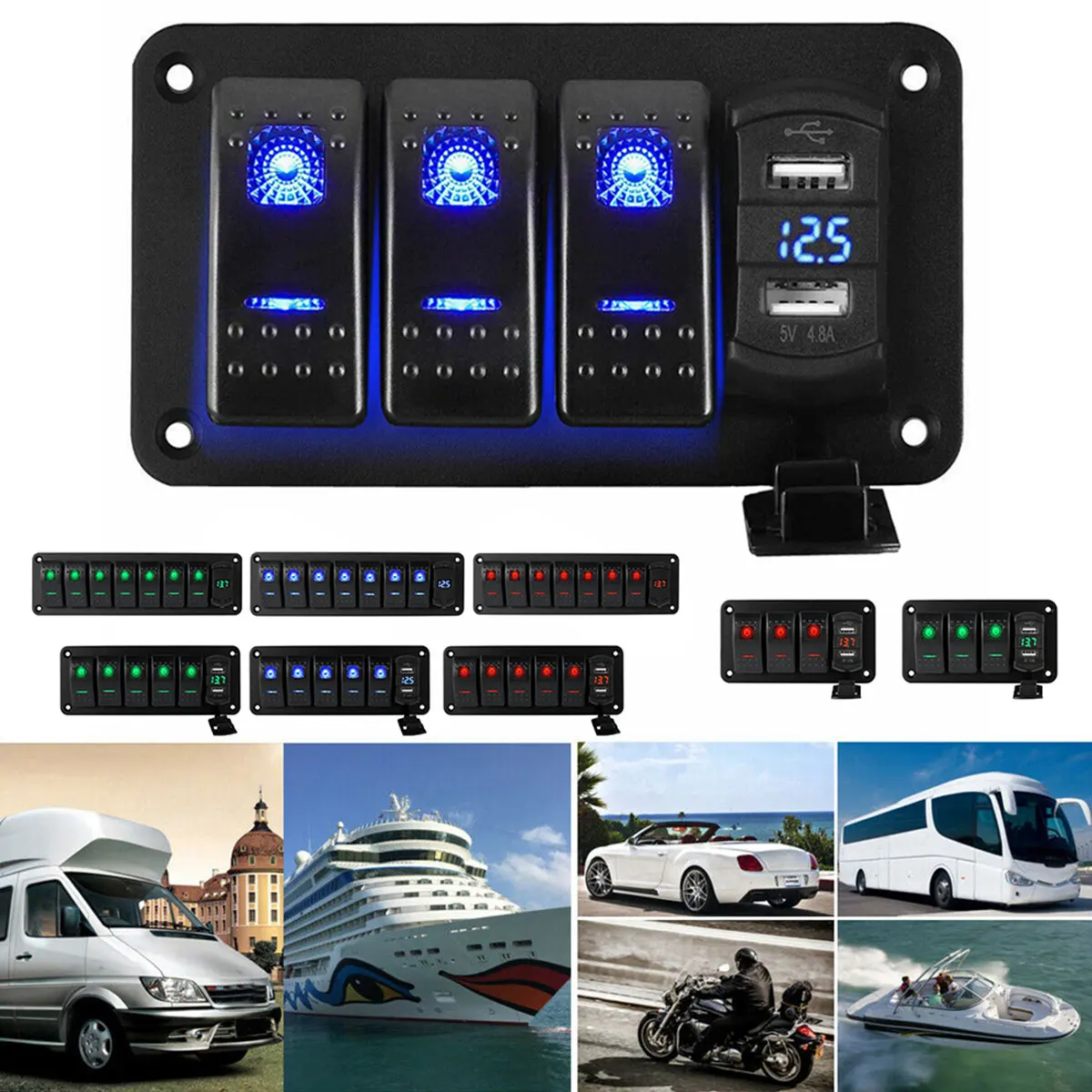 

3-бандовая панель тумблера 12 В 24 В Водонепроницаемая панель кулисного переключателя с двойным USB-портом зарядного устройства со светодиодной подсветкой и защищенным управлением автомобиля