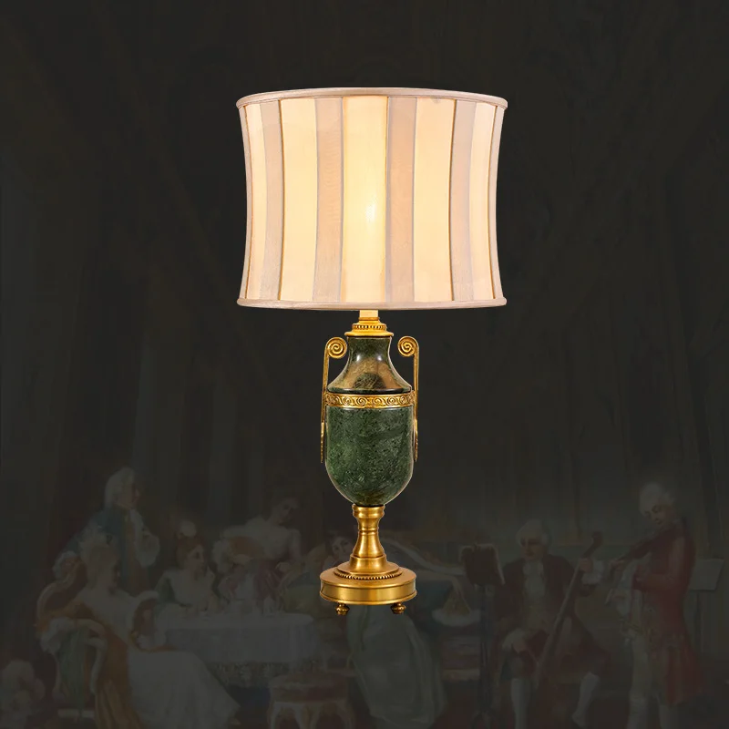 Marble desk lamp with fabric lampshade, vintage bedside lamp, brass hotel lobby bedroom desktop