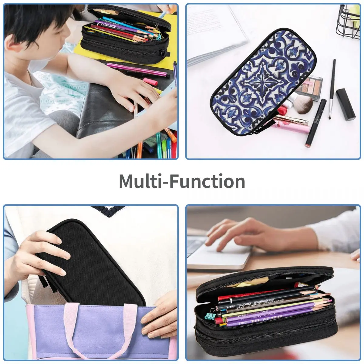 Blue Ornate Floral Mediterranean Sicilian Tile Pencil Cases for Student School Pen Box Pencil Bag Large Storage Pencil Pouch