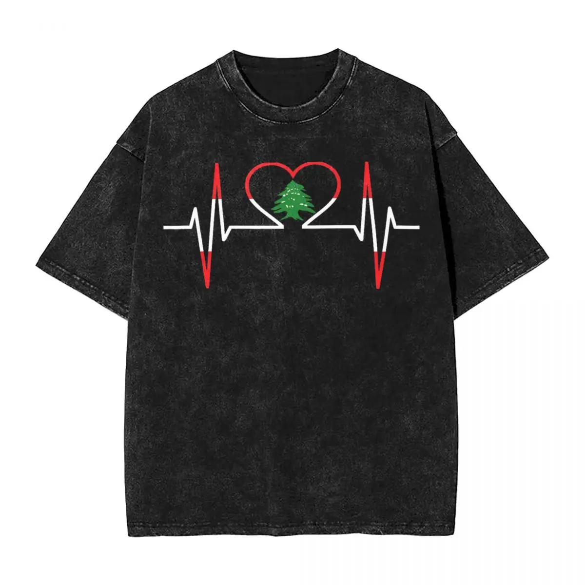 

Heartbeat Lebanon Lebanese Country Flag T Shirts Hip Hop Washed Cotton Oversize T-Shirt Casual for Men Women Summer Tee Shirt