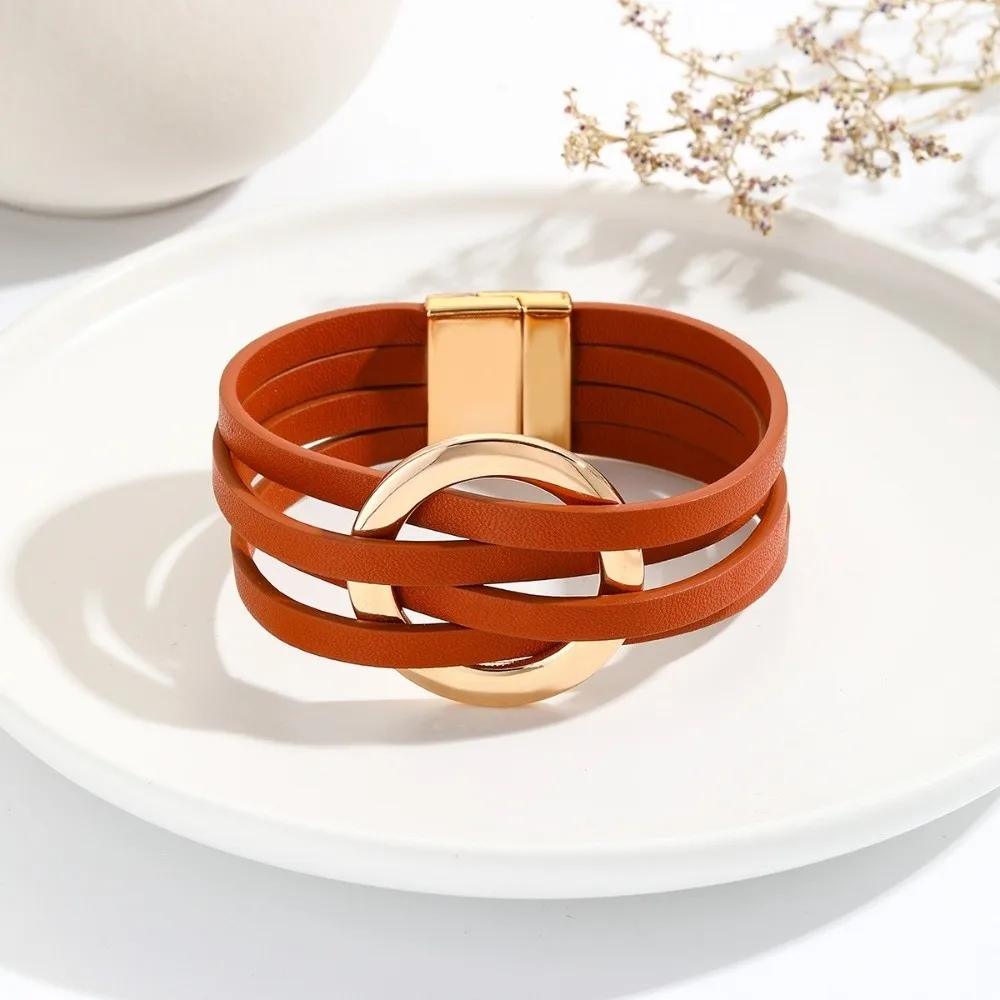 Bohemian Style Leather Bracelets Adjustable Wrap Closure Leather Surface Multilayer Wrap Bracelet Circle Cross Bracelet