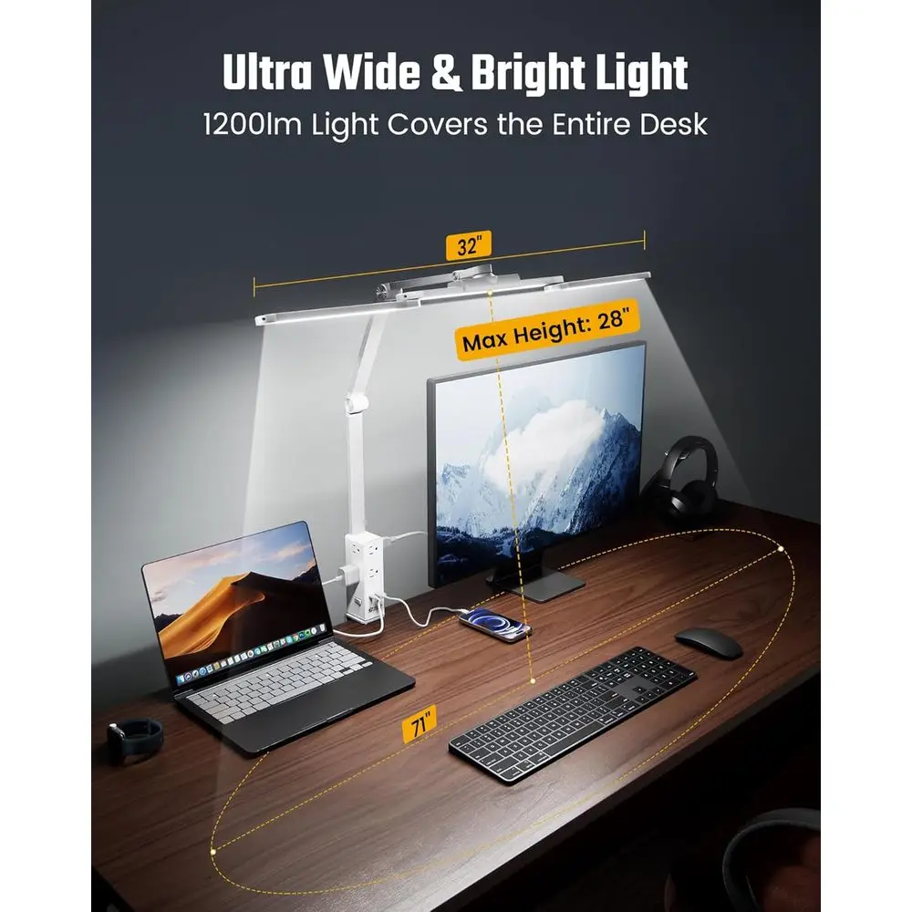 LED-klem bureaulamp met 6 stopcontacten, USB en Type-C, instelbare helderheid, 5 kleurmodi voor gebruik in thuiskantoor