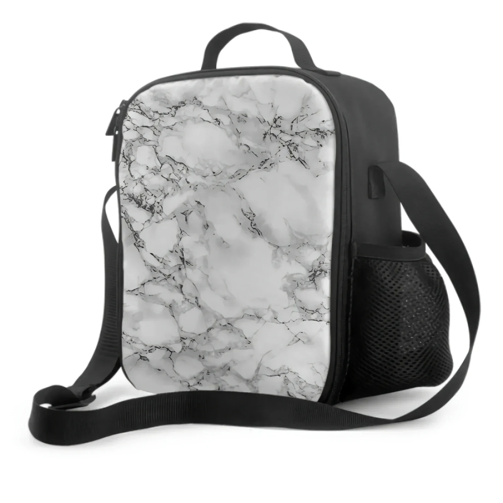 White Marble Print With Black Texture Thermal Lunch Bag for Kids Boys Girls Washable Tote Lunch Container for Work School Travel