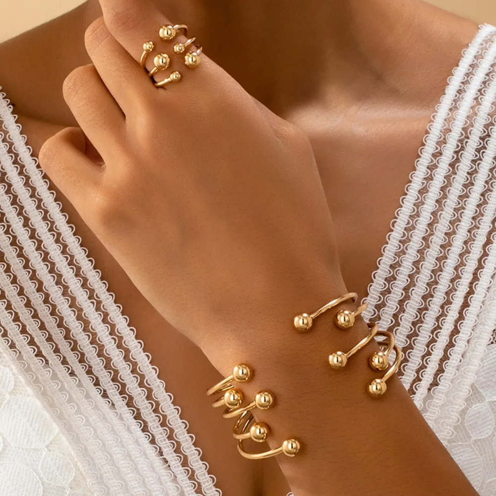 Geometric Line Small Ball Open Bracelet Ring Set Simple Fashion Jewelry Accessories Hot Sale Party Gift 2026 New Style
