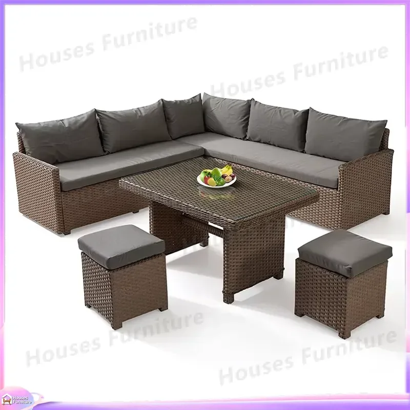 Luxury Modern Aluminum Rattan Outdoor Corner Dining Set All Season Wicker Patio Furniture Villa Garden Sofa Courtyard Hotel