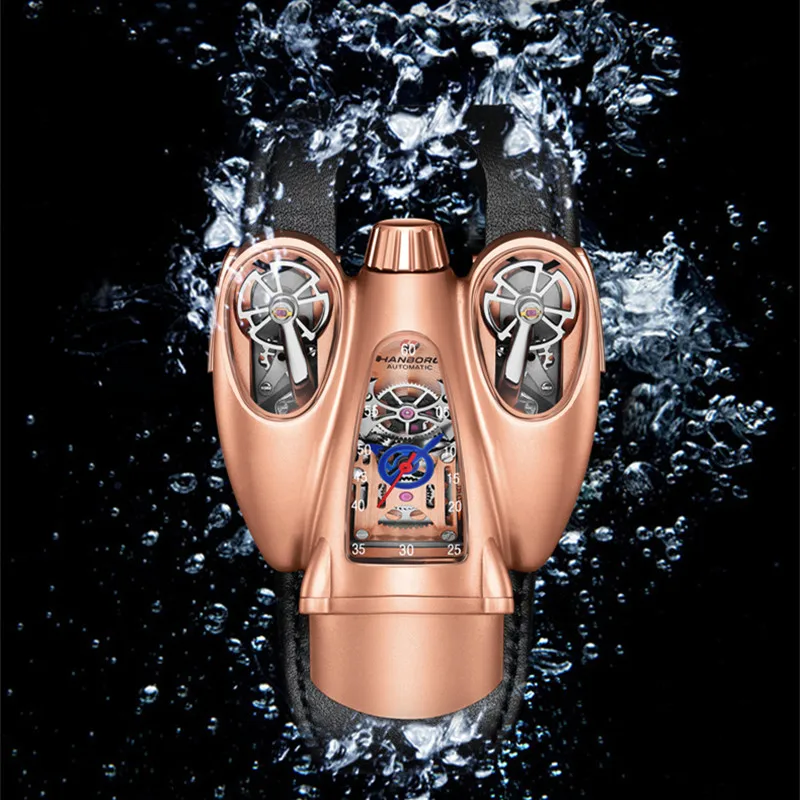 HANBORO Alien-reloj mecánico con forma de avión para hombre, reloj automático con doble movimiento, correa de piel de vaca personalizada