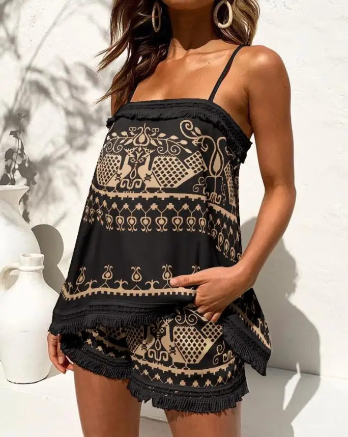 Women Two Piece Outfits 2022 Wome Tribal Print Tassel Trim Halter Top & Vintage Shorts Set