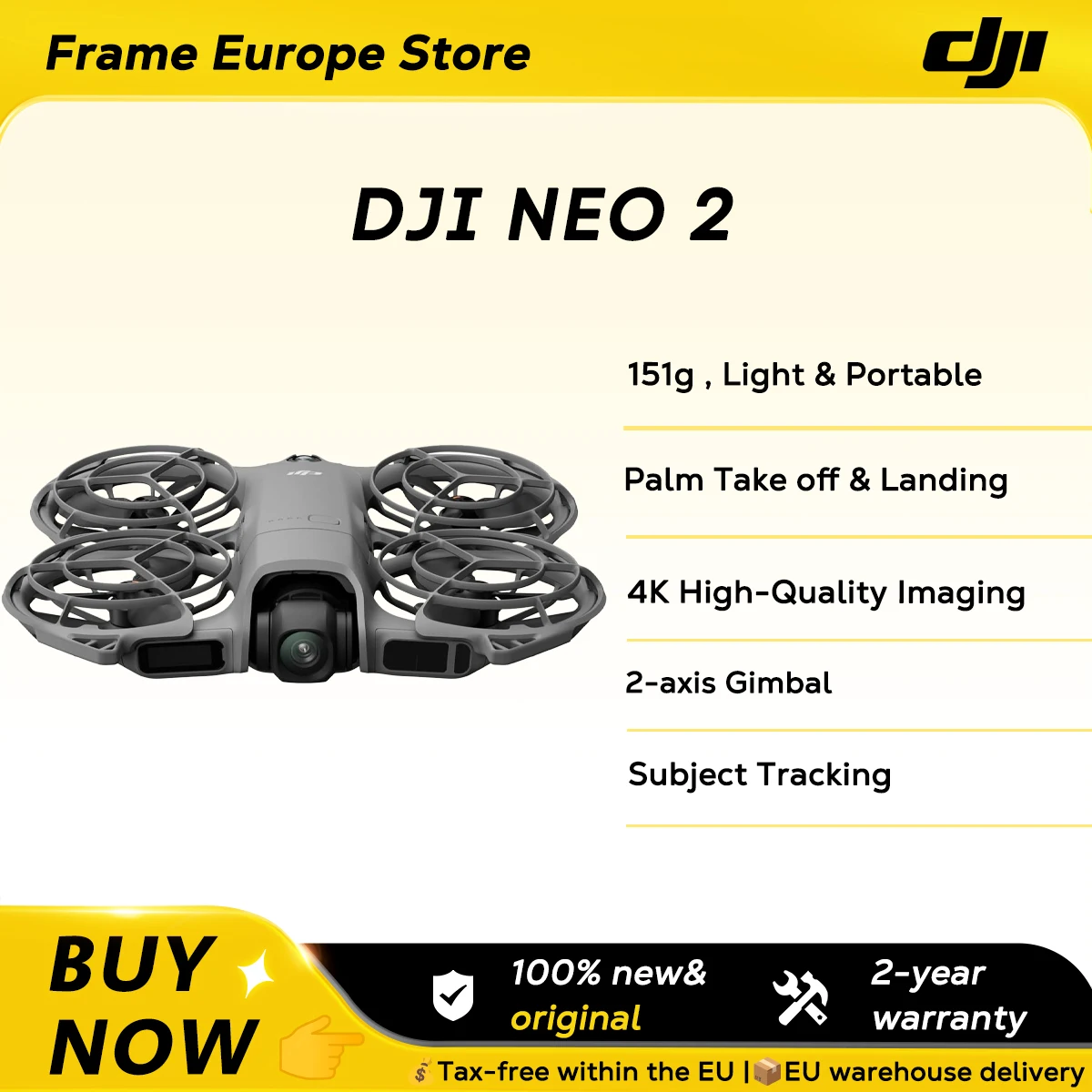 Dron DJI Neo 2 con Cámara, Video 4K Estabilizado, 151g Ligero y Portátil, Protectores de Hélices de Cobertura Total, Nuevo Original C0