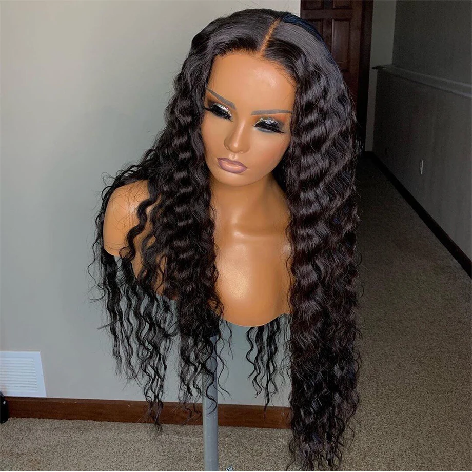 Deep Wave Frontal Wig 13x4 Transparent Lace Frontal Wig PrePlucked 28 30 Inch Deep Curly Lace Front Human Hair Wigs For Women