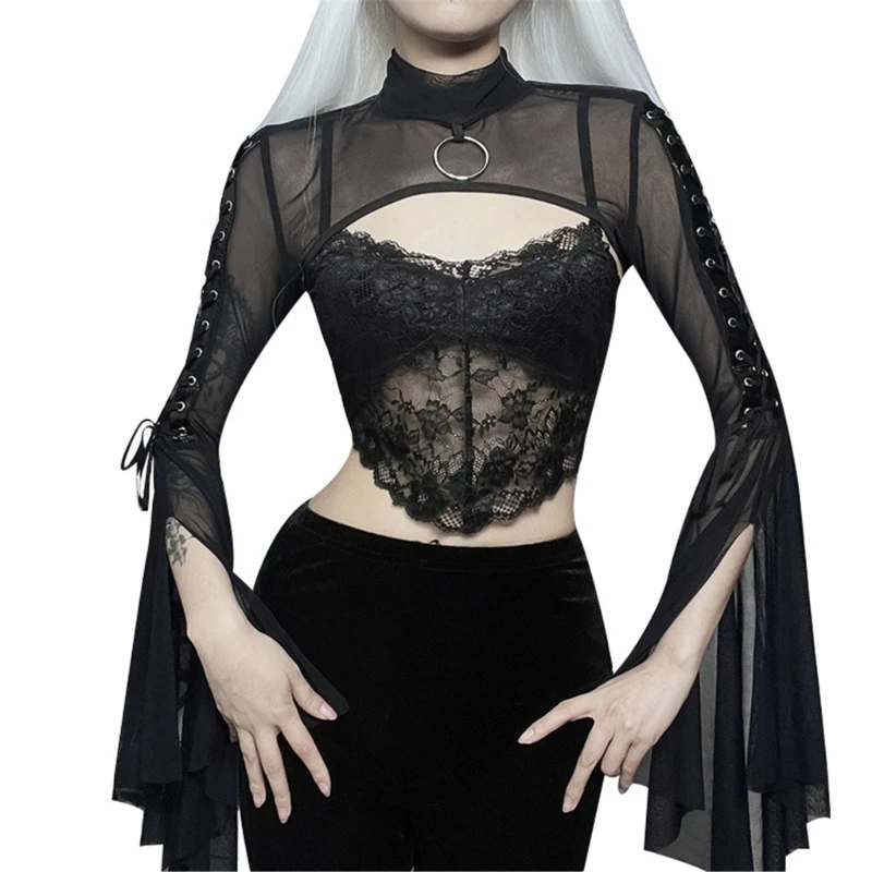 

Sexy Mesh Top Flared Long Sleeve Crop Tops Y2K Harajuku Vintage Aesthetic T-shirts Gothic Women Streetwear Black