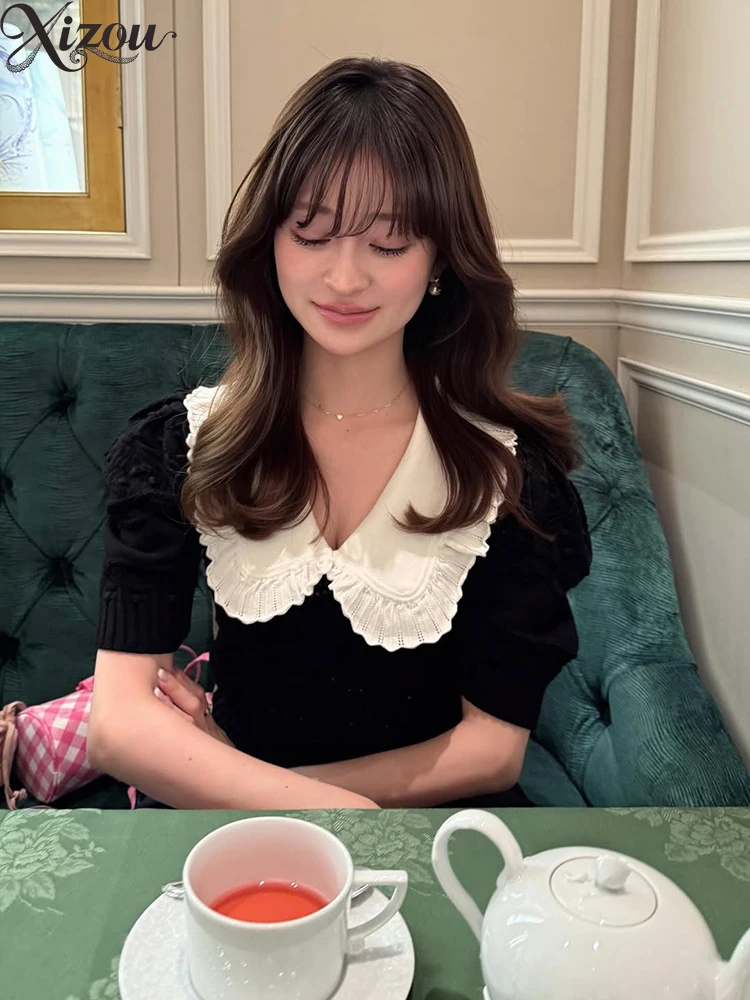 

Doll Collar Women's T-Shirts Summer Japanese Style Knit Shirt Jacquard Color-Block Elegant Slim Fit Short Sleeve Tops