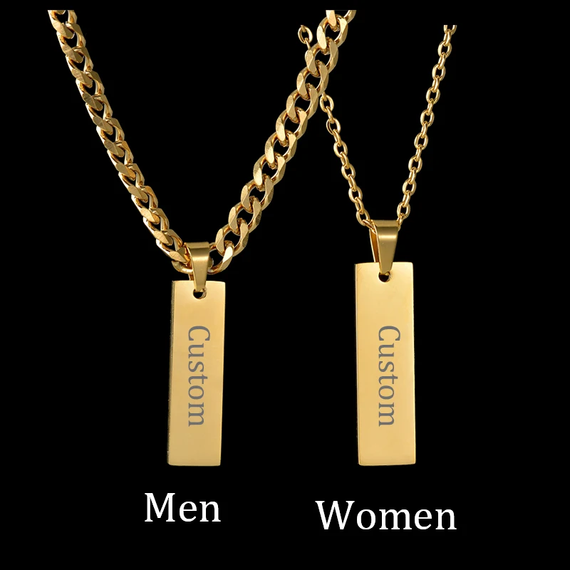 Letdiffery Personalized Engrave Name Square Pendant Necklace Bracelet Stainless Steel Custom Date Text ID Bar Choker Jewelry