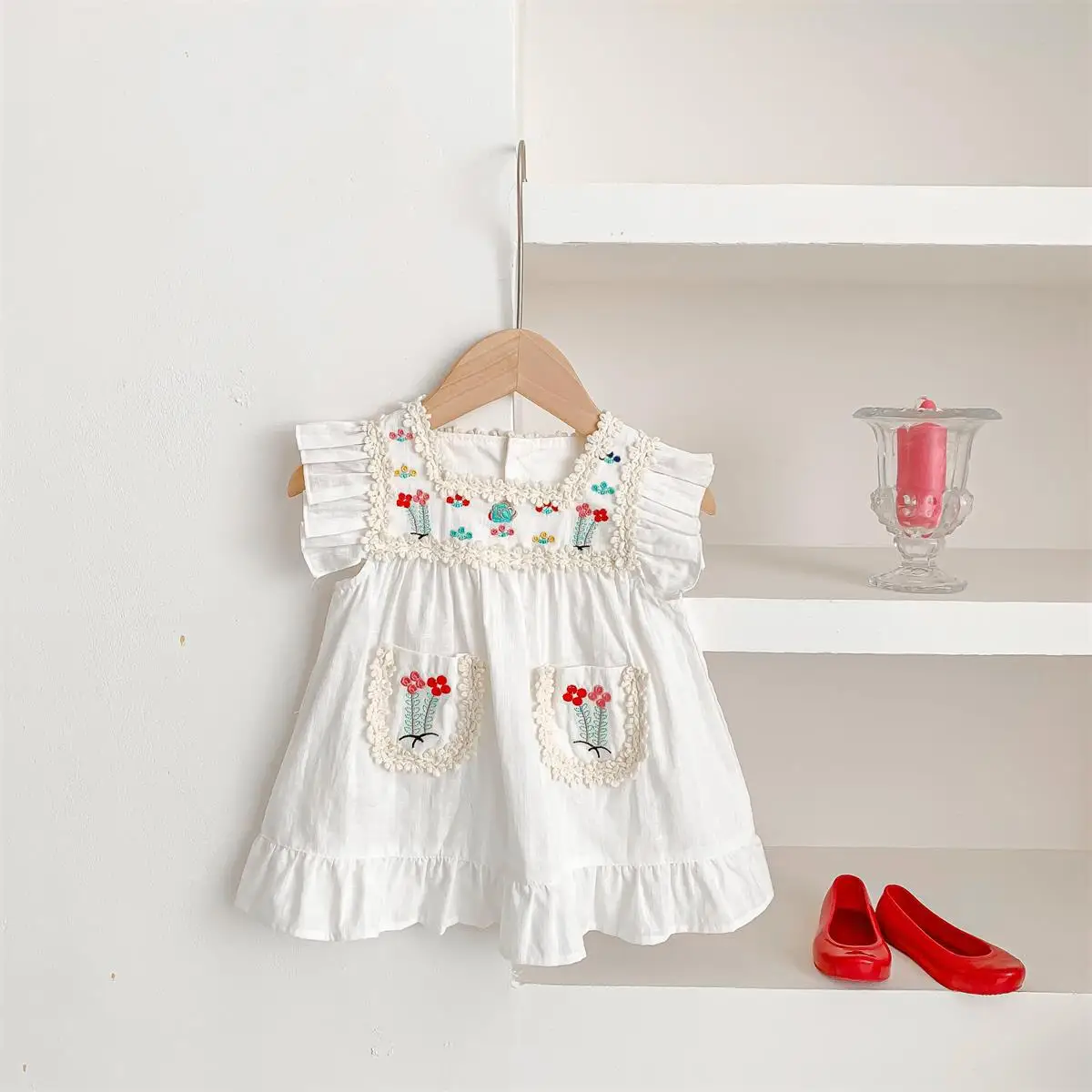 Summer New Full Body Embroidered Colorful Little Flower Flying Sleeve Dress For Girls Korean Cotton Dress