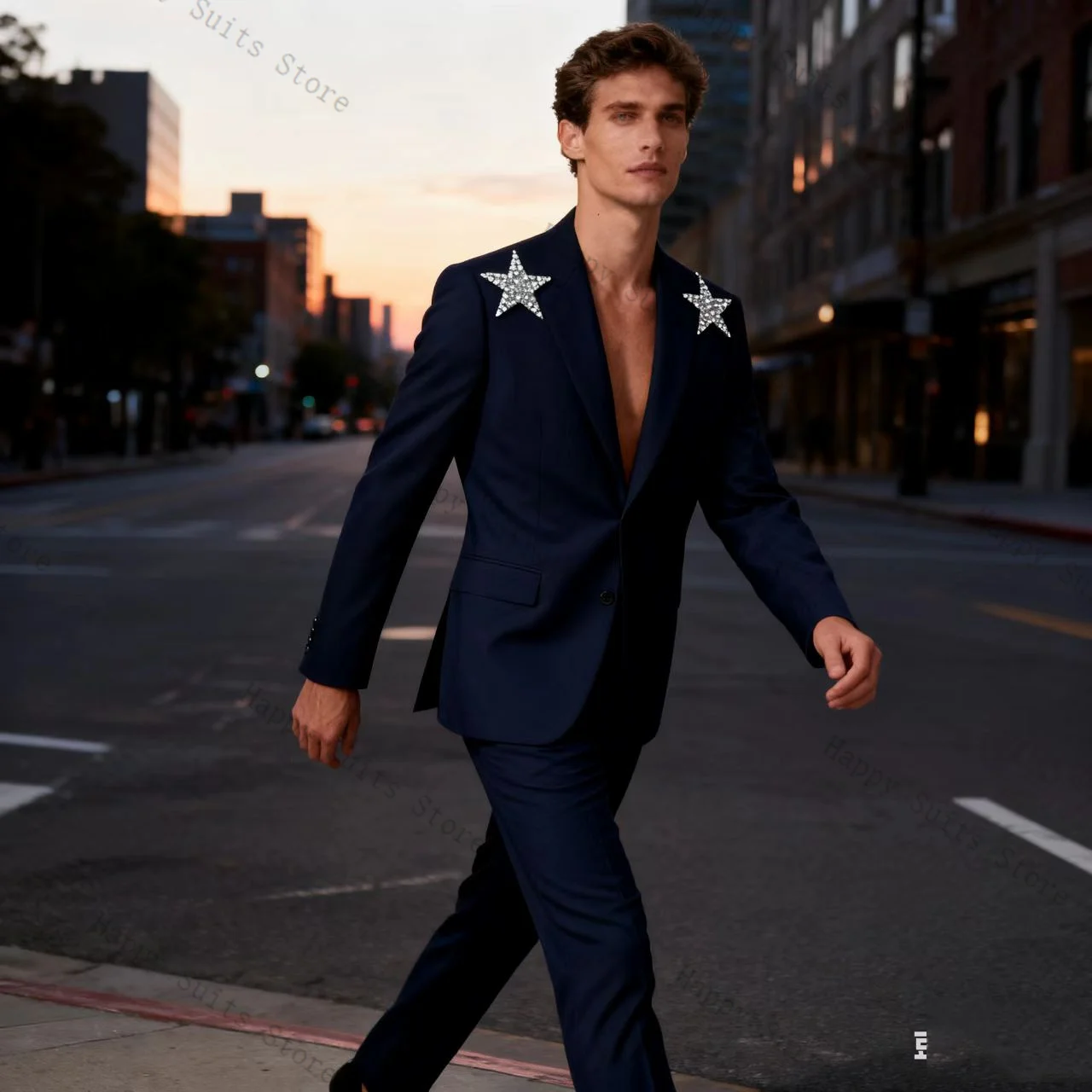 

Navy Blue Crystals Men Suit Set 2 Pcs Blazer+Cotton Pants Trousers Formal Office Coat Wedding Tuxedo Customized Jacket Outfit