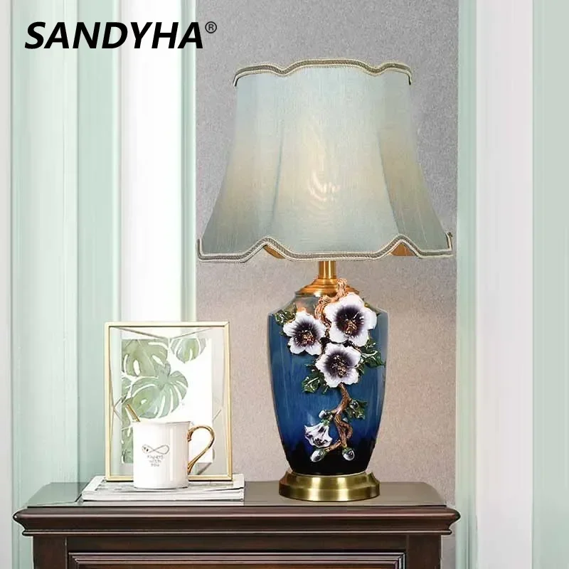 

SANDYHA Flower LED Glass Table Lamp Pastoral Romantic Bedroom Bedside Nightstand Reading Lighting Decorative