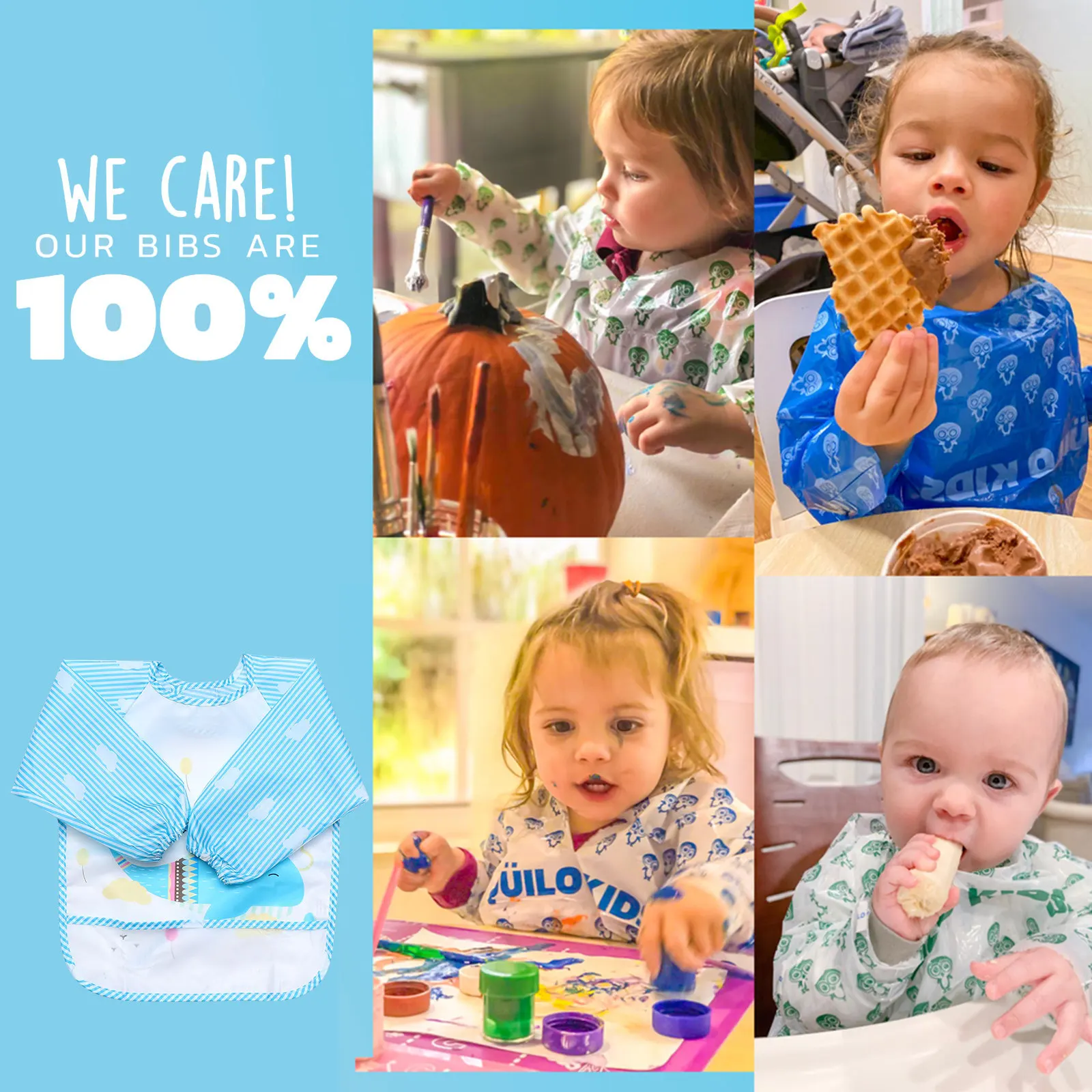 

Waterproof Baby Bibs Long Sleeve Unisex Soft Blue Cartoon Infant Smock Apron Protect Stain Food Residues Elastic Recovery Full