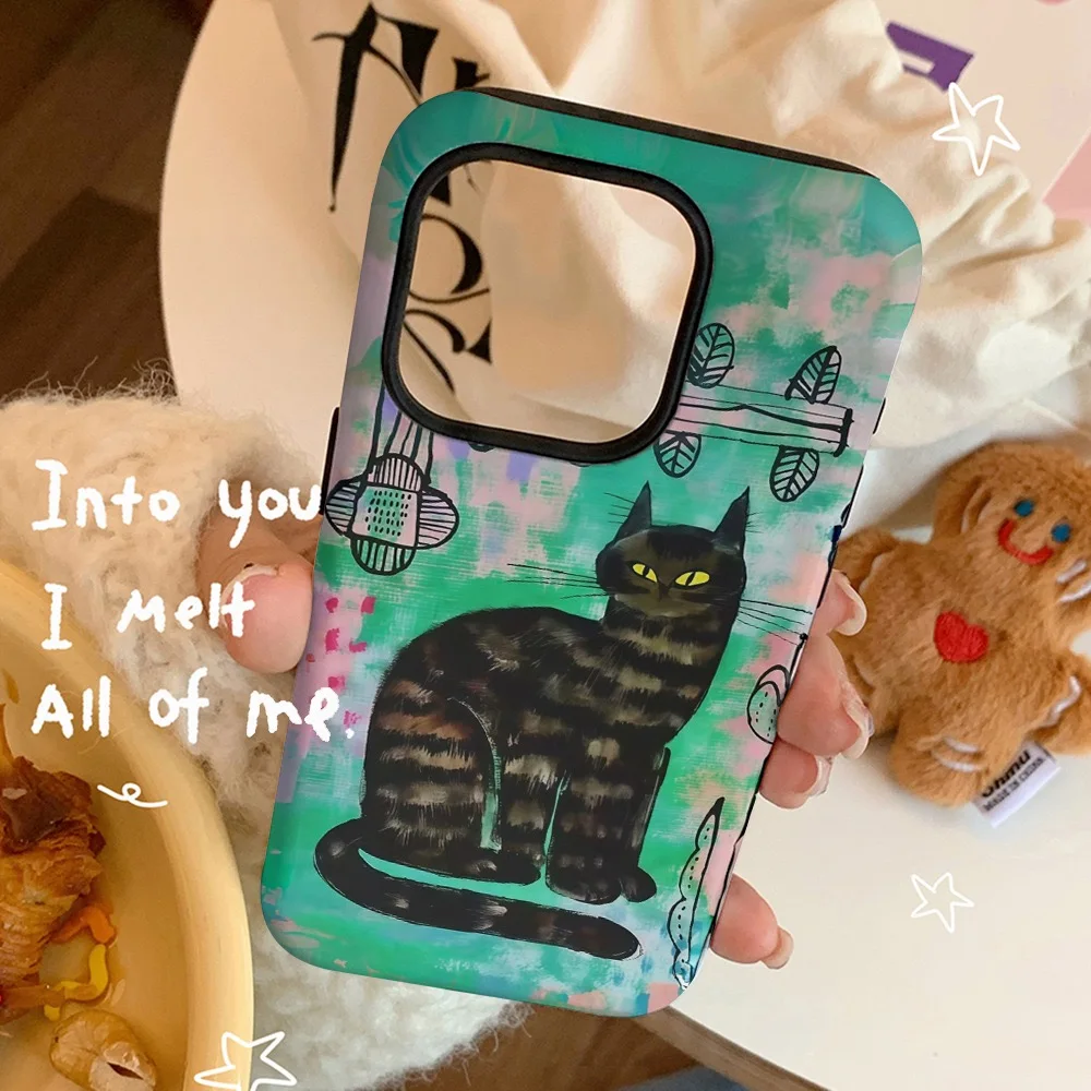 Green Cartoon Black Cat Phone Case for Samsung Galaxy S20 S23 S24 S25 S26 FE Plus Ultra Edge 4G 5G Luxury Double-layer Cover