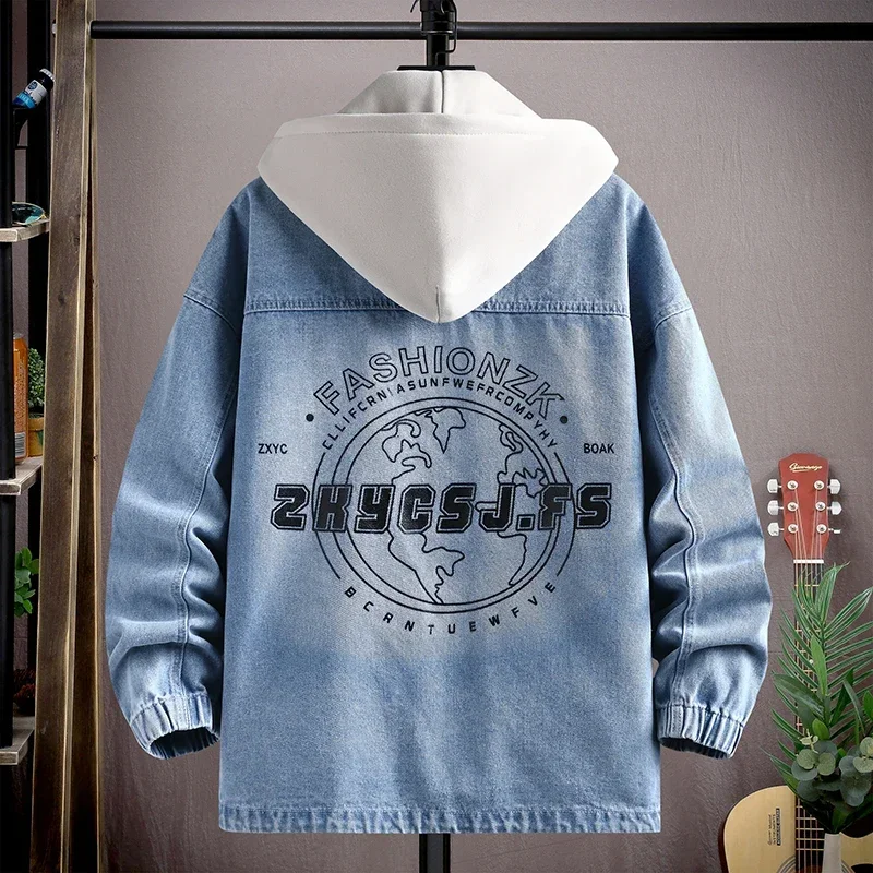 Trendy Men's Denim Jacket Fashionable Cotton Breathable Loose-Fit Casual Long-Sleeved Hooded Denim Jacket Comfortable Men's Top