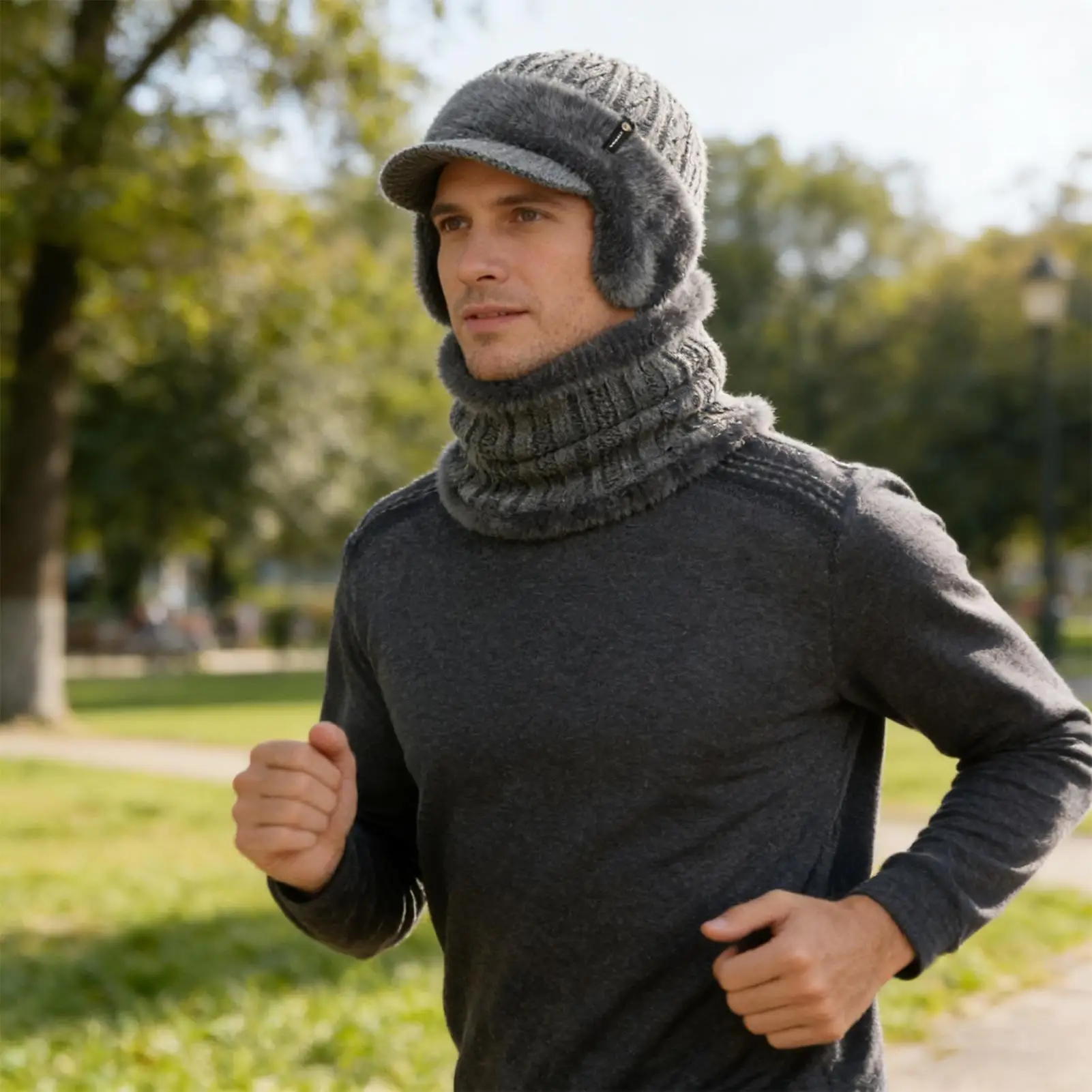 Knit Hats For Men Stretchy Winter Beanie With Brim Earflap Scarf Breathable Knitted Hat For Daily Commuting Skiing Indoor