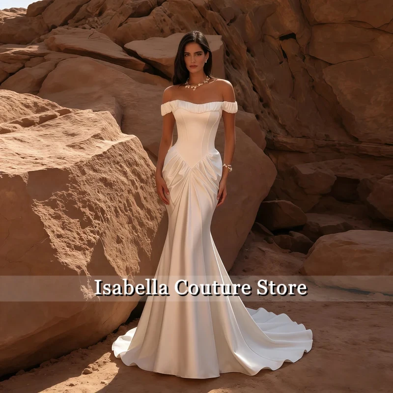 Mermaid Satin Wedding Dress Customized Off Shoulder Sweetheart Backless Bridal Gown Floor Length Custom Train