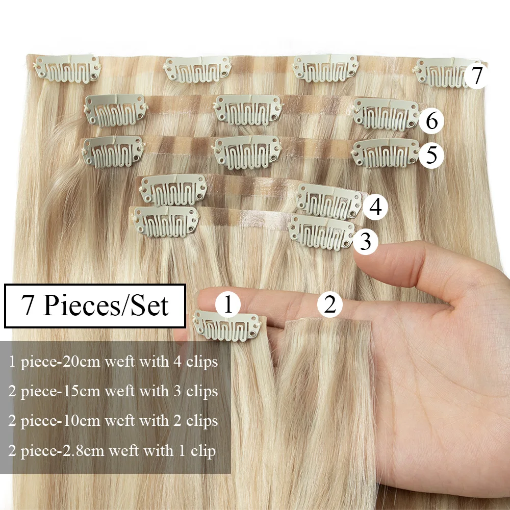 Invisible Clip In Hair Extensions Human Hair 12-24inch Blonde Brown Injected Seamless PU Weft Clip on Hair Extensions 7Pcs/set