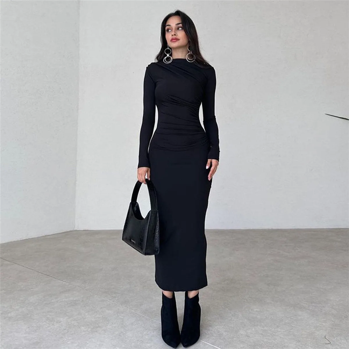 

New Arrivals Women Knit Dress Long Sleeves Round Neck Irregular Cut Soft Knit Slim Fit Lady Long Dress Korean Fashion Stretched