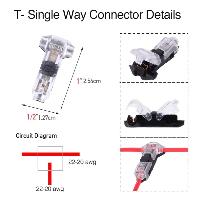 22 AWG Red Black Wire 65.5Ft And 12 Pack 3 Way 1 Pin Wire Connector, T Type Solderless No Stripping T Tap Wire Connector